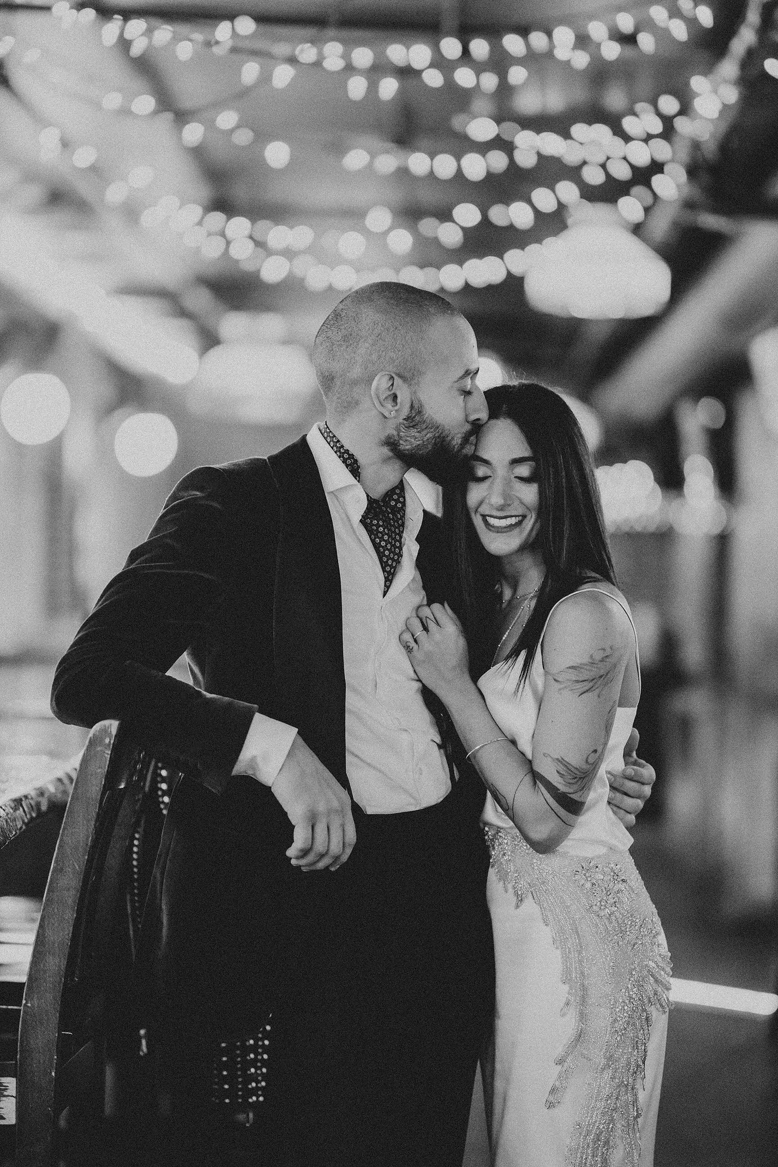 Candid moment of a portrait scene with bride and groom, Toronto,
