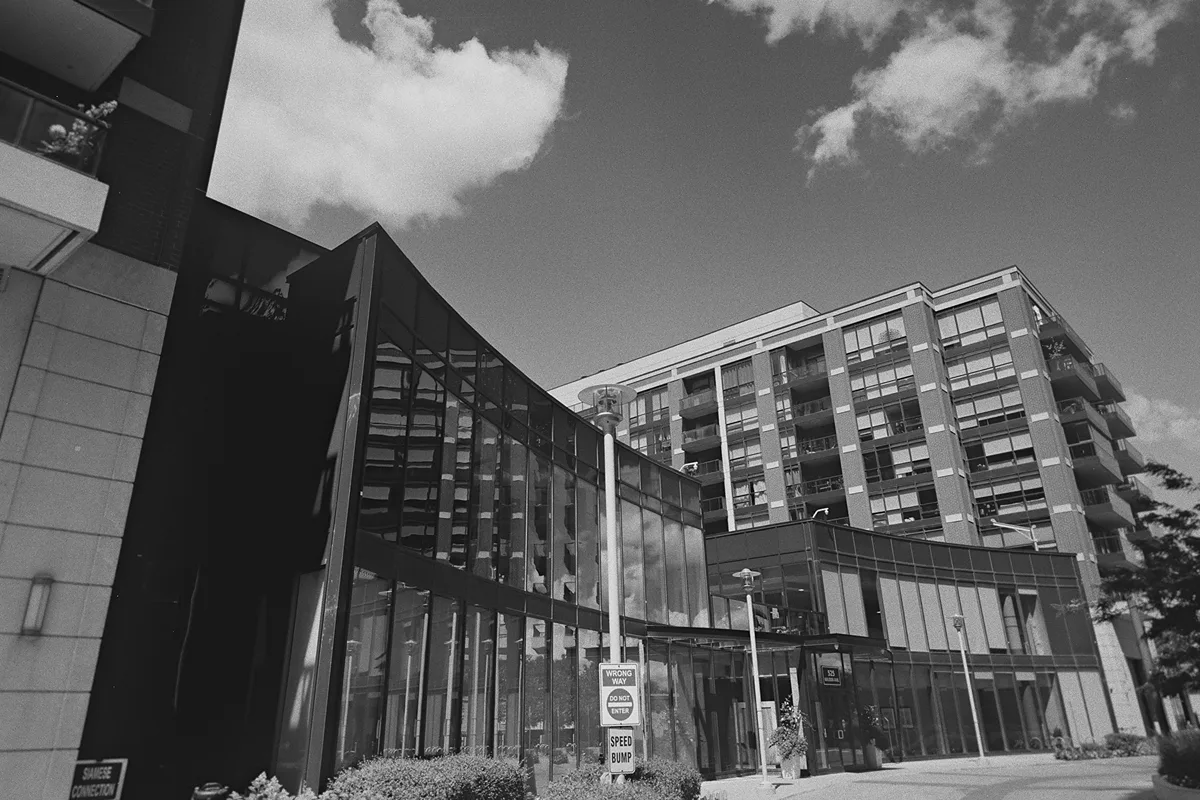 The exterior of the bride's apartment building