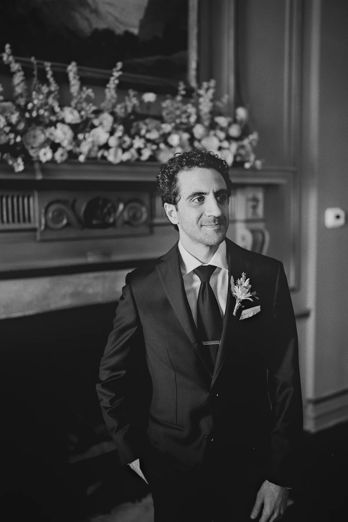 A portrait of the groom, Mike, waiting for his bride