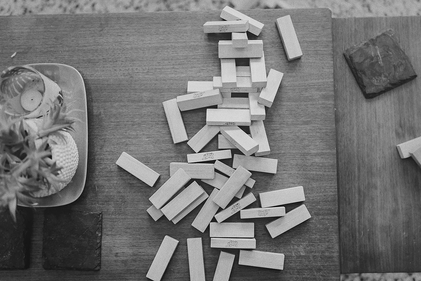 An overhead shot of Jenga blocks on a table