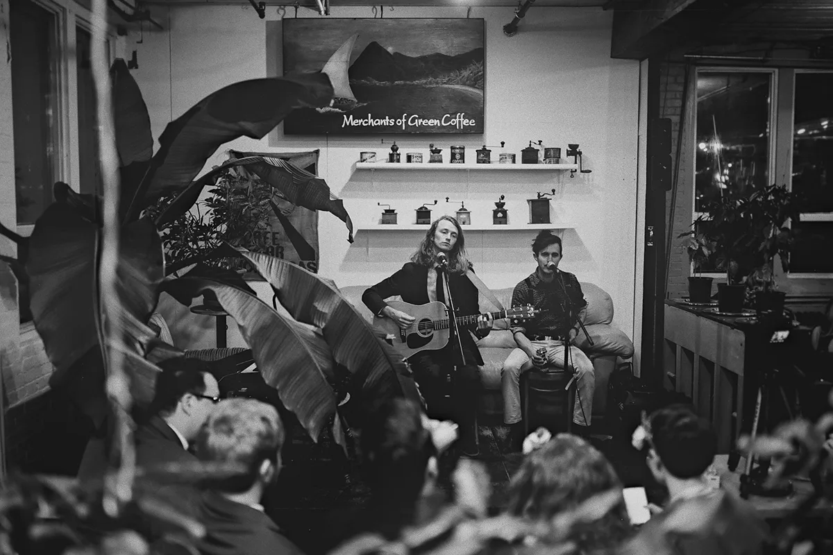 Musicians entertain guests at Merchants of Green Coffee.