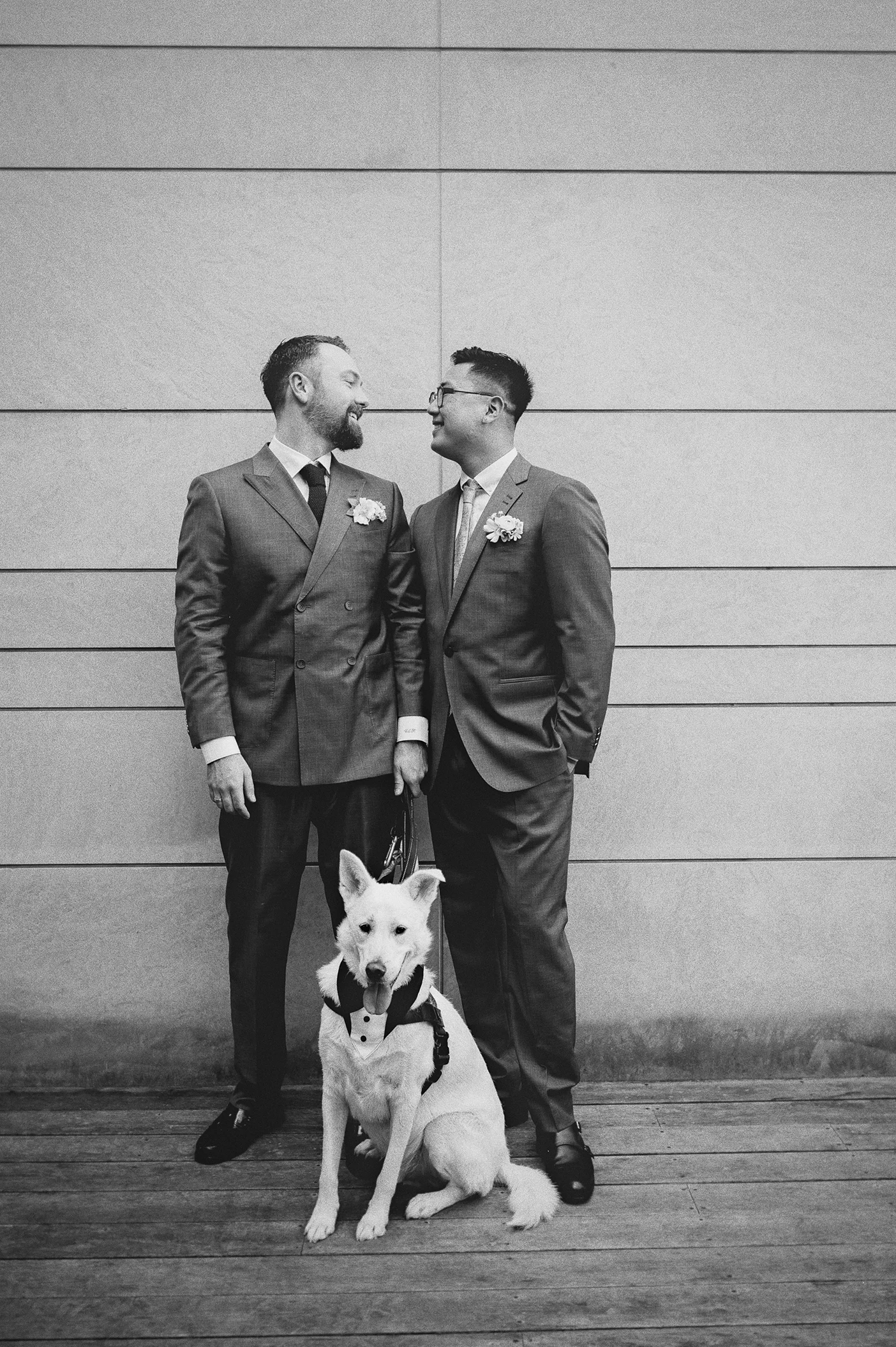 The grooms look at each other while their dog looks at the camera.