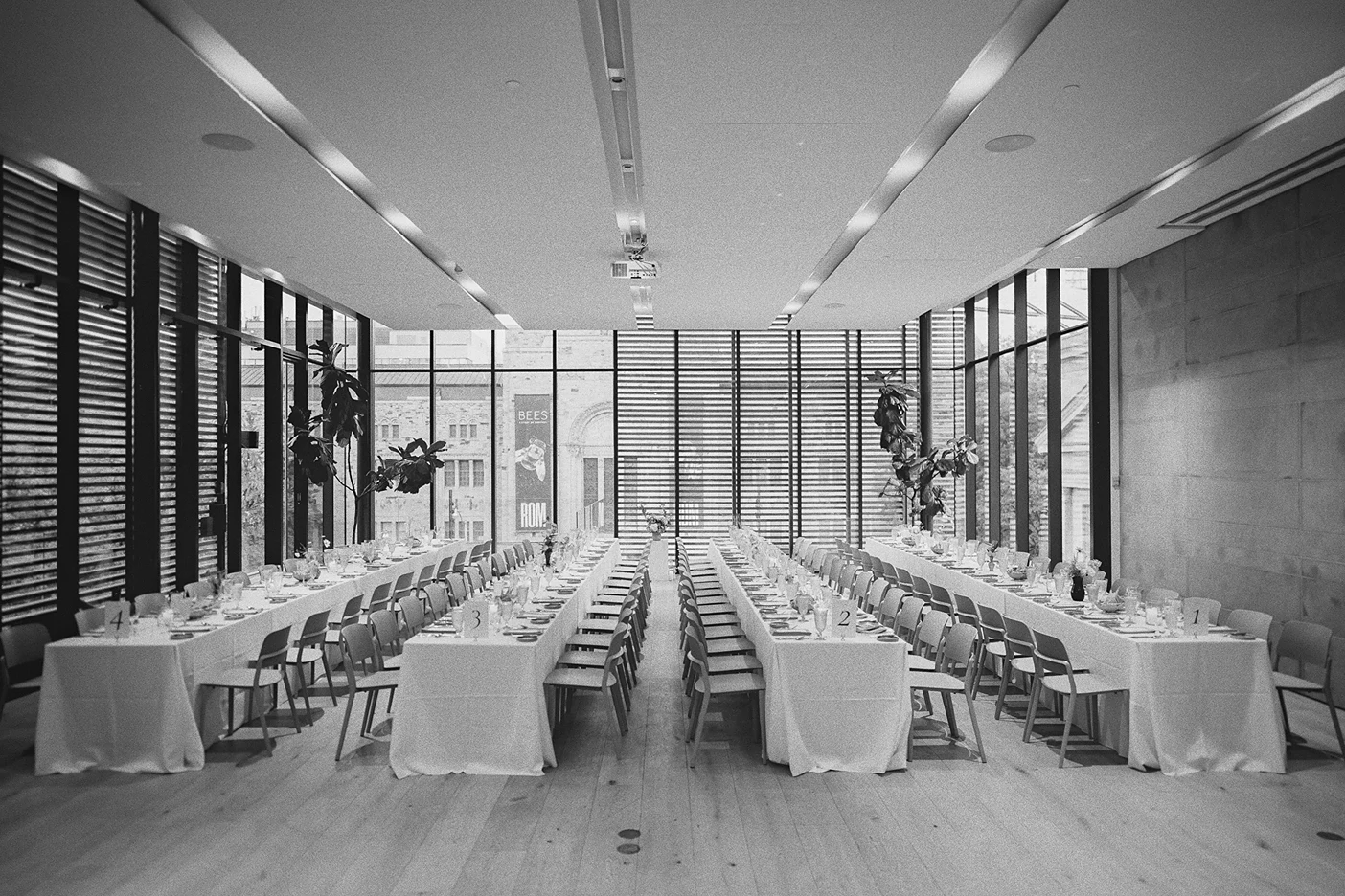 The reception hall at the Gardiner Museum is set for dinner.