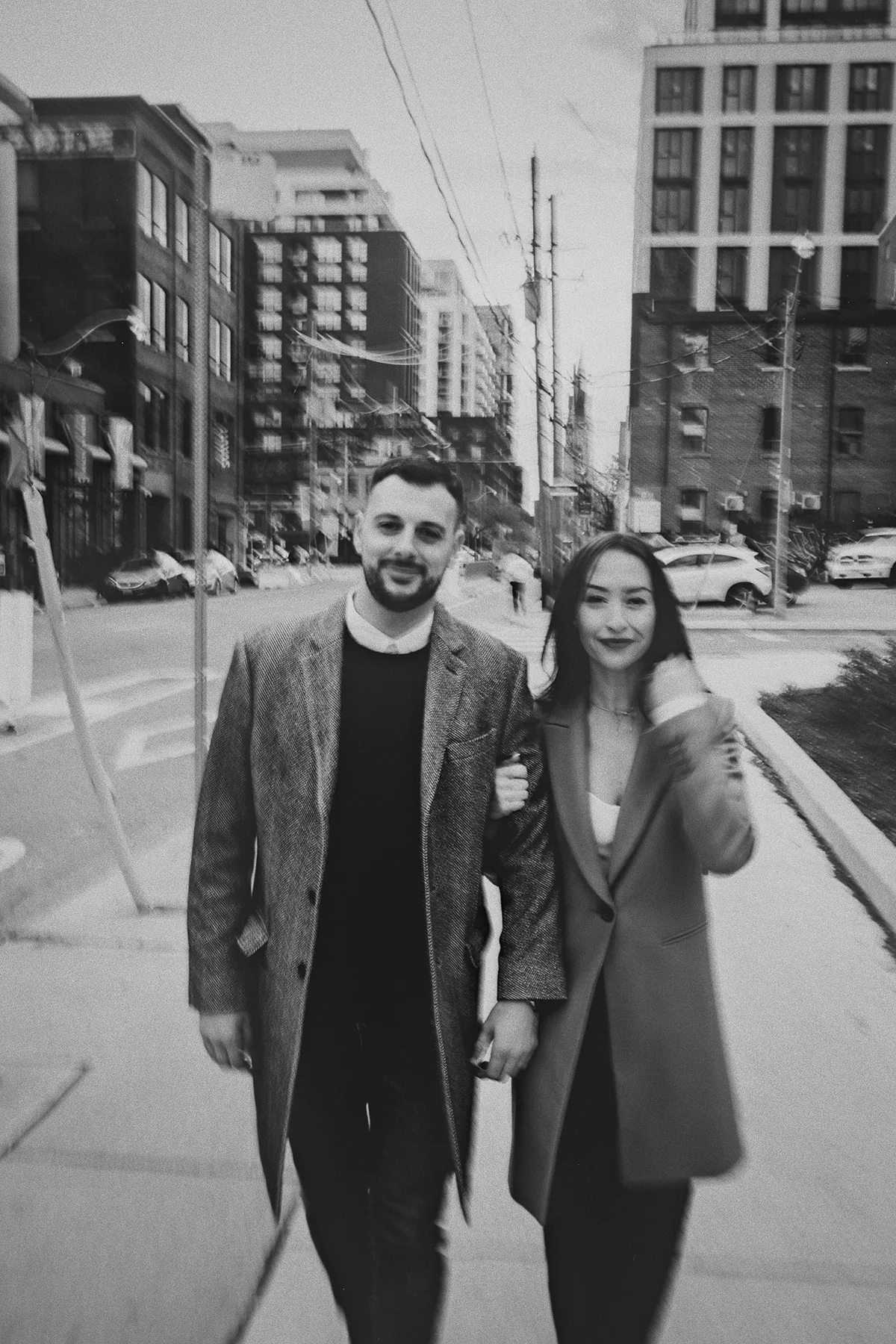 A creative motion-blur shot of the couple walking.