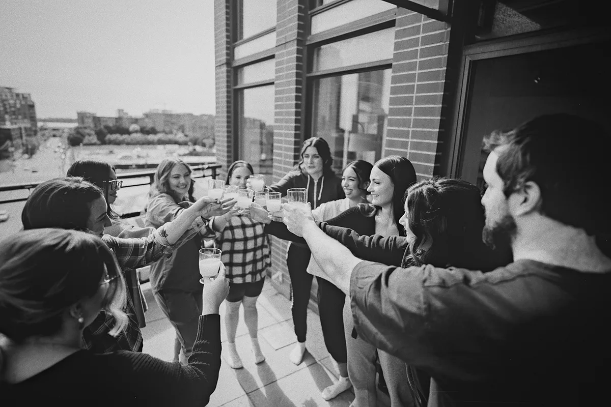 A celebratory toast with mimosas before the wedding.